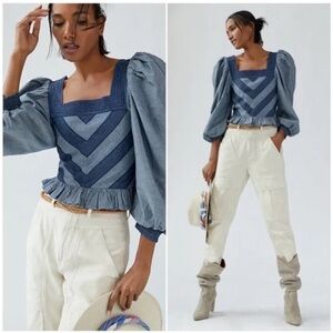 Anthropologie LOVE THE LABEL SMOCKED PUFF SLEEVES BLOUSE IN DENIM sz M
